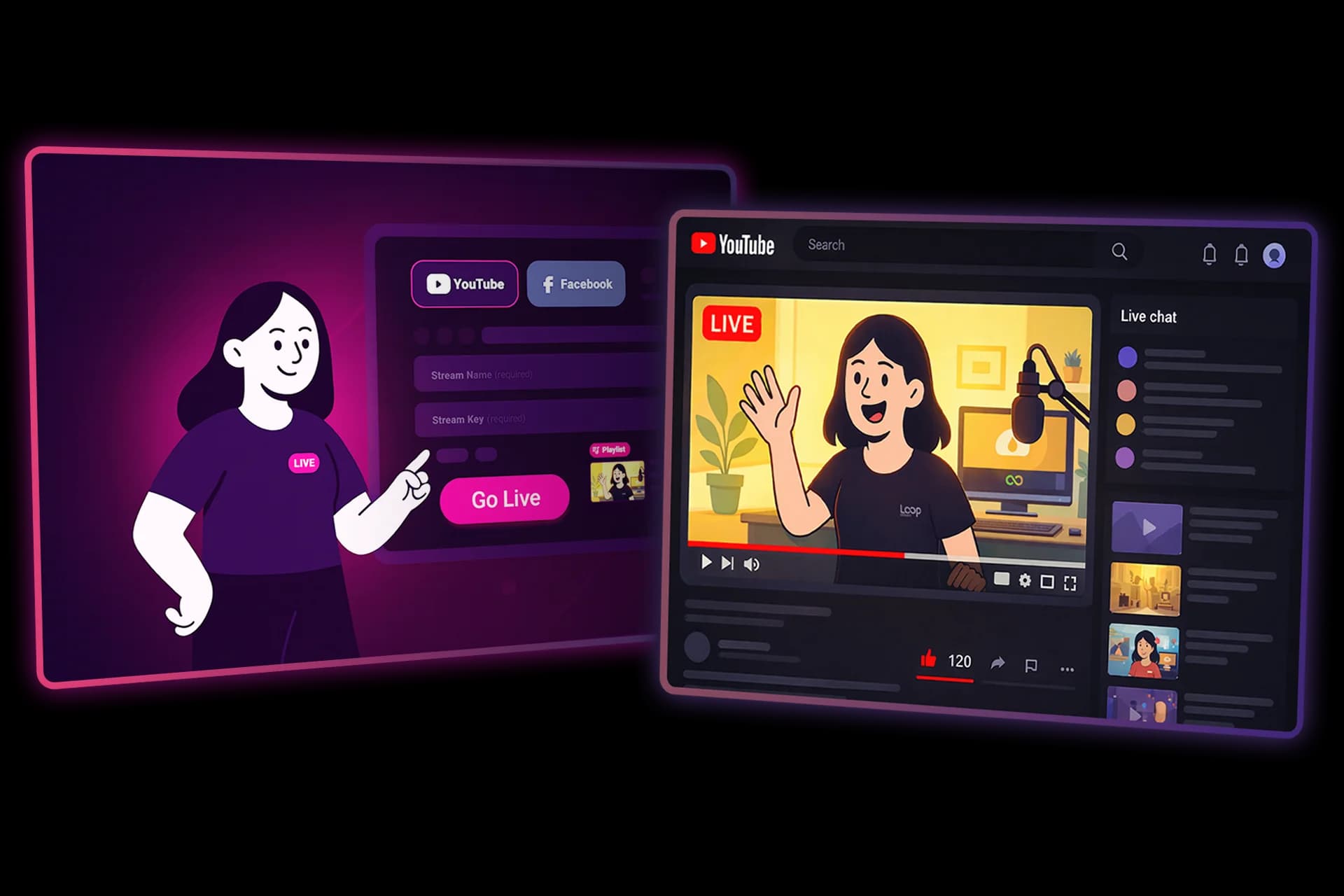 Loop Stream dashboard showing scheduled 24/7 pre-recorded video loops
