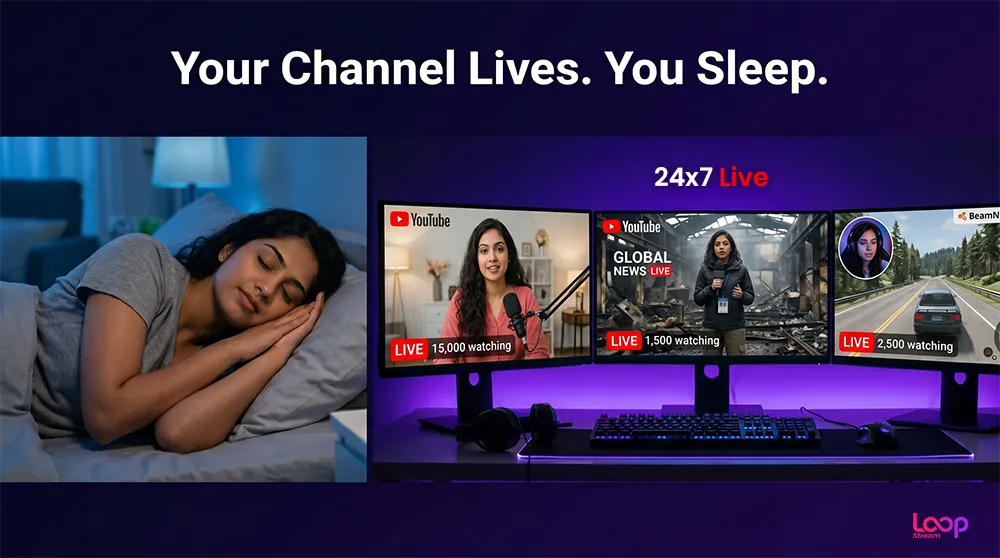 Creator sleeping peacefully while their YouTube live stream runs automatically with Loop Stream
