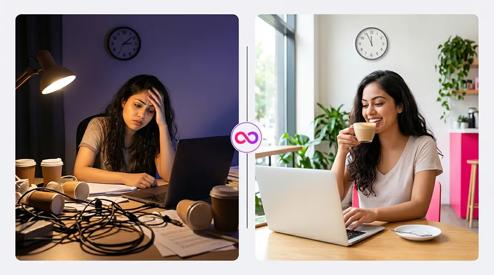 Comparison of stressed creator doing traditional live streaming versus relaxed creator using Loop Stream automation