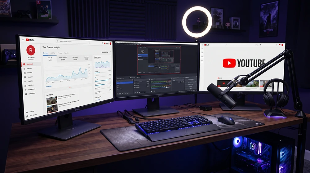 Loop Stream vs traditional live streaming: Traditional live streaming setup showing computer running OBS software with multiple monitors, cables, and equipment required for manual streaming