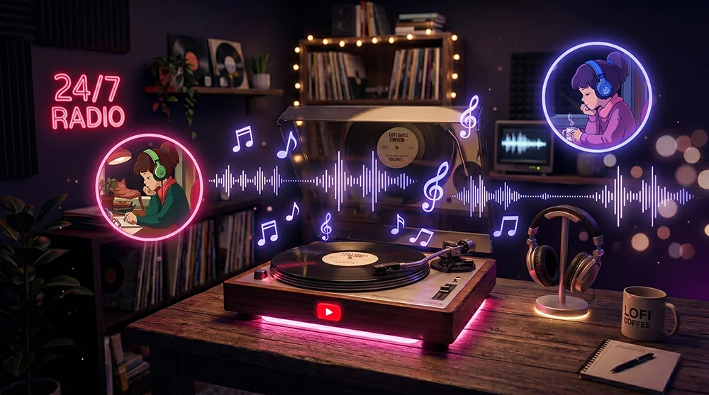 Lofi music radio station using 24/7 live streaming for continuous background music